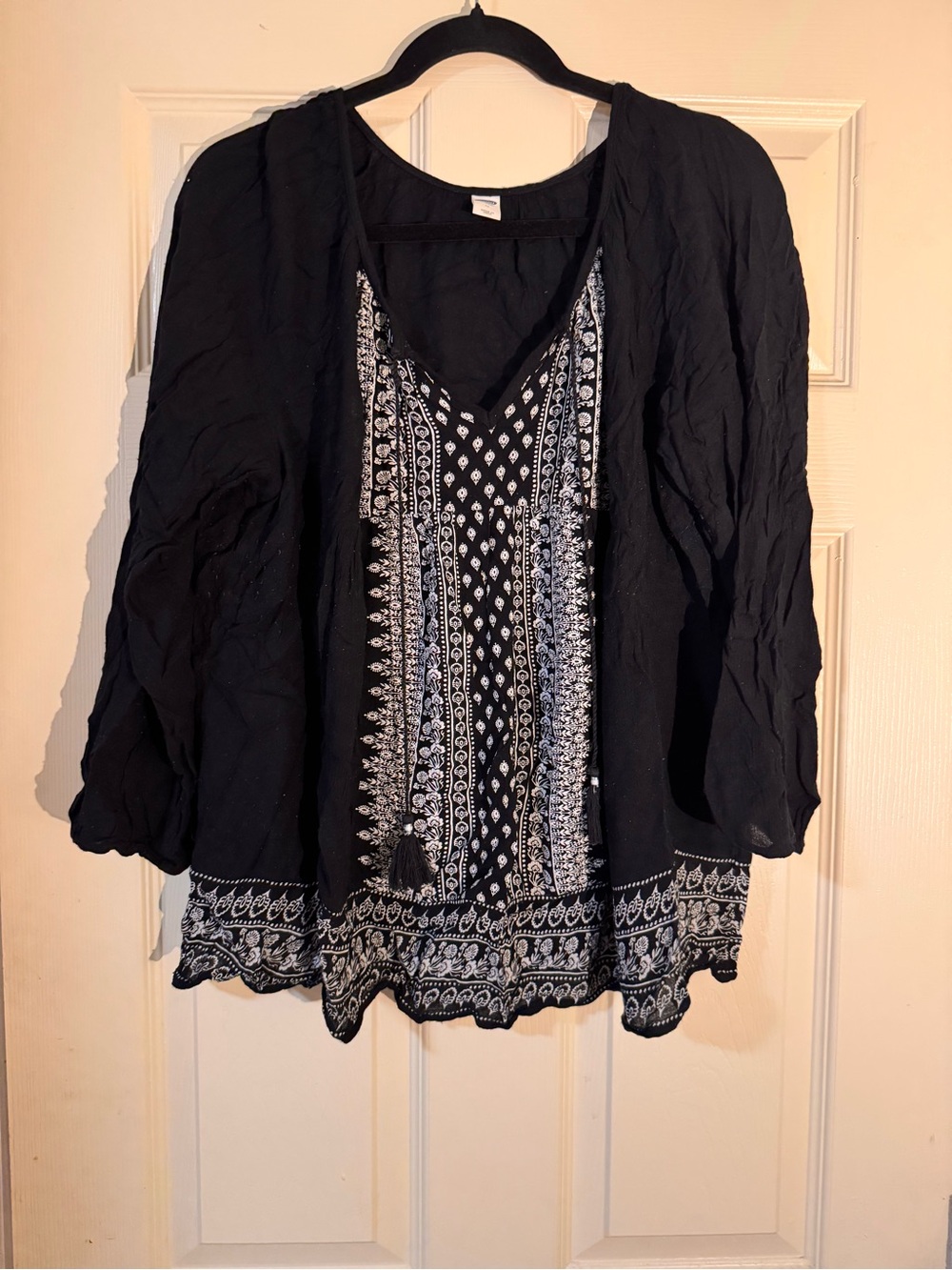 Black Printed V-Neck Women's Top with Boho Tunic Border Detail